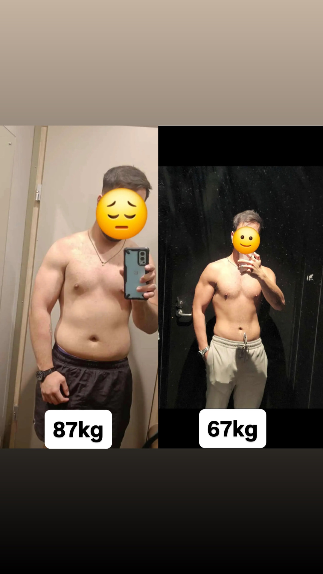 Client transformation — side-by-side before and after photos showing 87kg down to 67kg