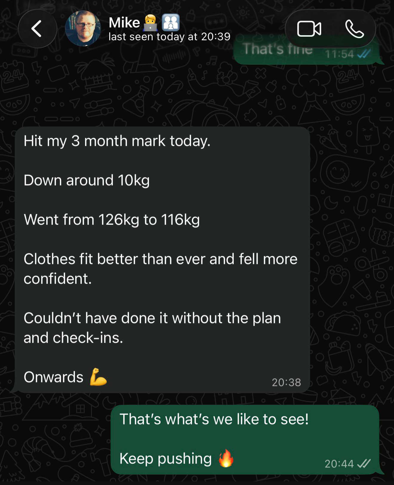 Client WhatsApp message celebrating losing 10kg on the programme